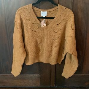 Mustard colored cropped v-neck sweater